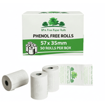 A box of 57x35mm  phenol free thermal rolls with 3 rolls in front of the box with a white background