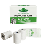 A box of 57x40mm  phenol free thermal rolls with 3 rolls in front of the box with a white background