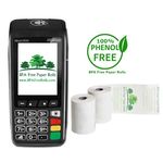 Ingenico Move 3500 mobile payment terminal paired with phenol-free credit card receipt rolls, ideal for eco-friendly and efficient point-of-sale transactions