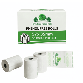 A box of 57x35mm  phenol free thermal rolls with 3 rolls in front of the box with a white background