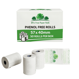 A box of 57x40mm  phenol free thermal rolls with 3 rolls in front of the box with a white background