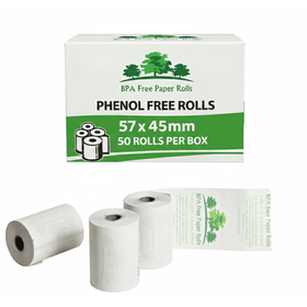 A box of 57x45mm  phenol free thermal rolls with 3 rolls in front of the box with a white background