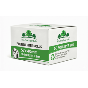Box of 50 BPA-free, branded phenol-free credit card receipt paper rolls for eco-friendly printing.