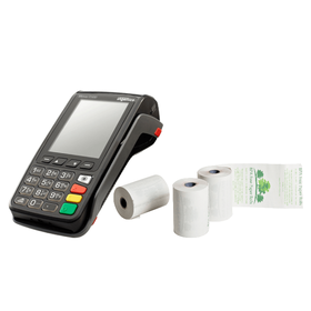 Ingenico Desk 3000 credit card terminal paired with branded phenol-free paper rolls for receipt printing.