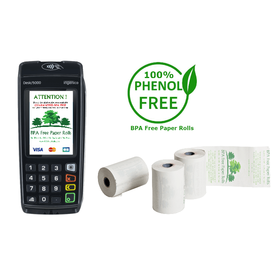 Ingenico Desk 5000 credit card terminal with 50 branded BPA-free paper rolls for receipts