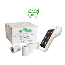 Pax A920 Pro terminal and a Box of 50 BPA Free Paper Rolls Branded Credit Card Rolls