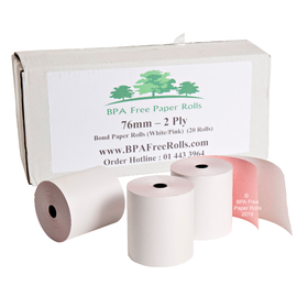 76x70 2 Ply Paper Rolls (White/Pink) (20 Roll Box)