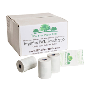 Box of 50 phenol-free credit card rolls for Ingenico iWL Touch 350, ideal for businesses seeking eco-friendly and efficient point-of-sale solutions